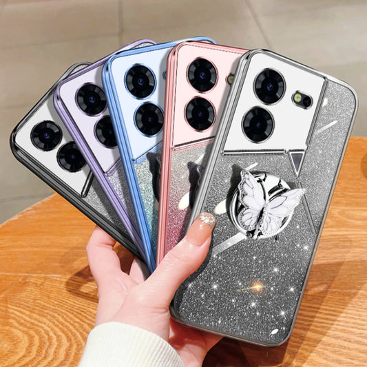 Plated Gradient Glitter Butterfly Holder TPU Phone Case, For Tecno Pova 6 Pro, For Tecno Spark 10C, For Tecno Spark 10 Pro, For Tecno Pop 5 Pro, For Tecno Spark Go 2022, For Tecno Pop 5 LTE, For Tecno Spark Go 2020