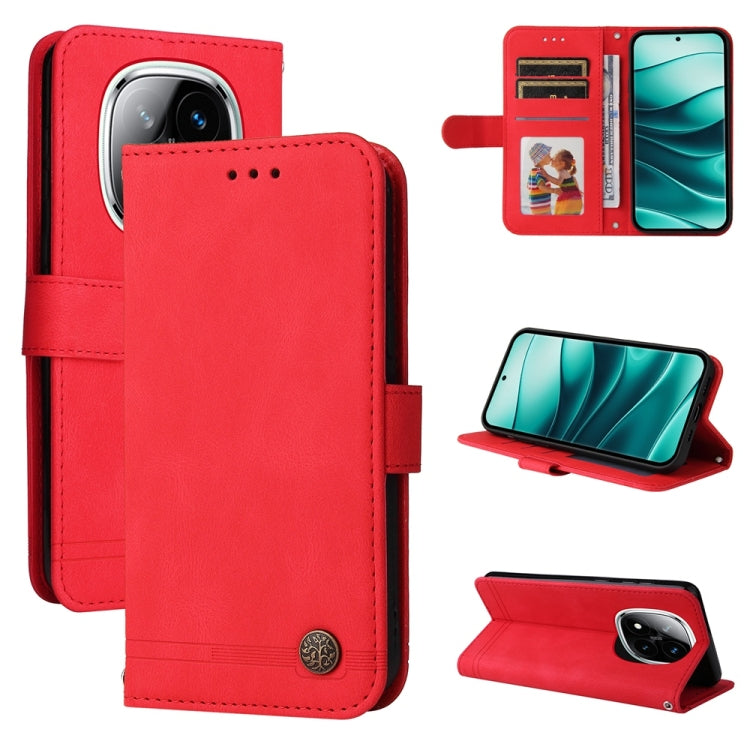 Skin Feel Life Tree Metal Button Leather Phone Case