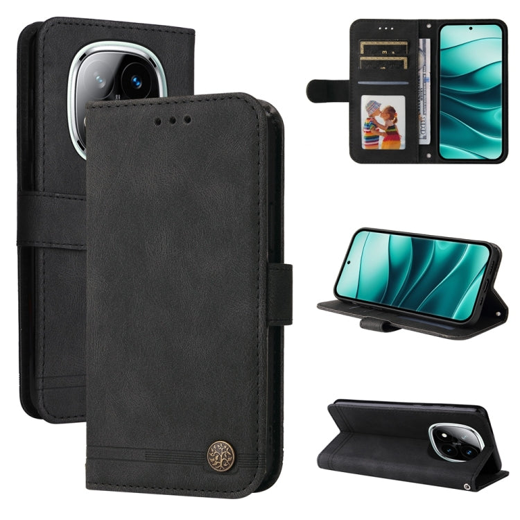 Skin Feel Life Tree Metal Button Leather Phone Case