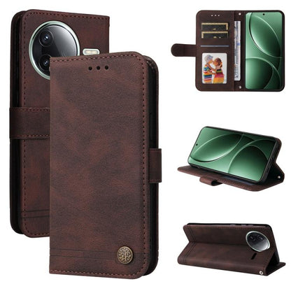 Skin Feel Life Tree Metal Button Leather Phone Case