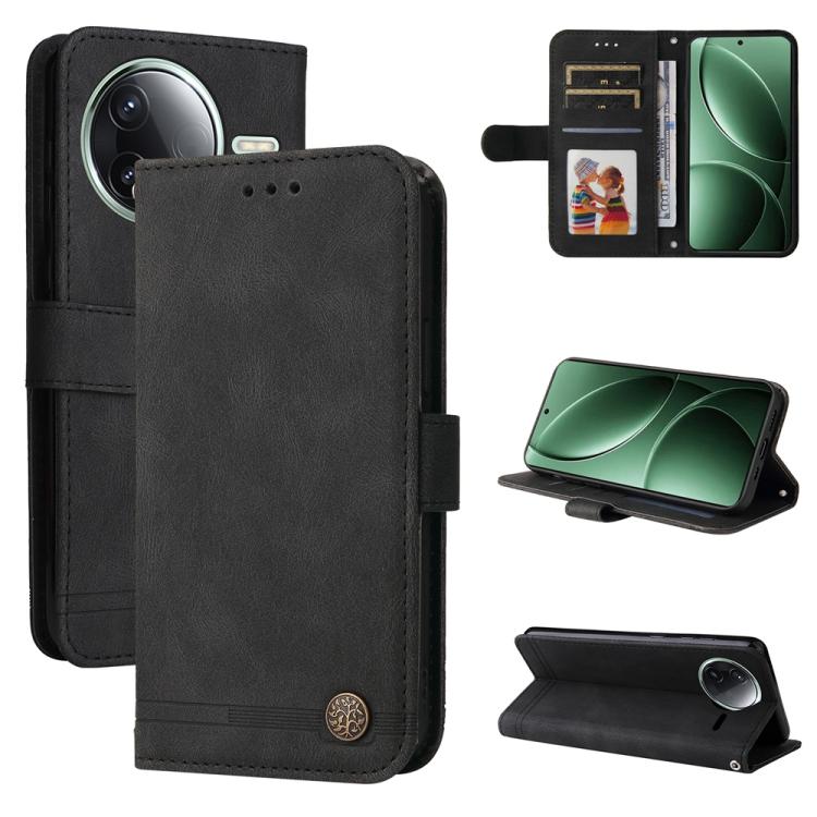 Skin Feel Life Tree Metal Button Leather Phone Case