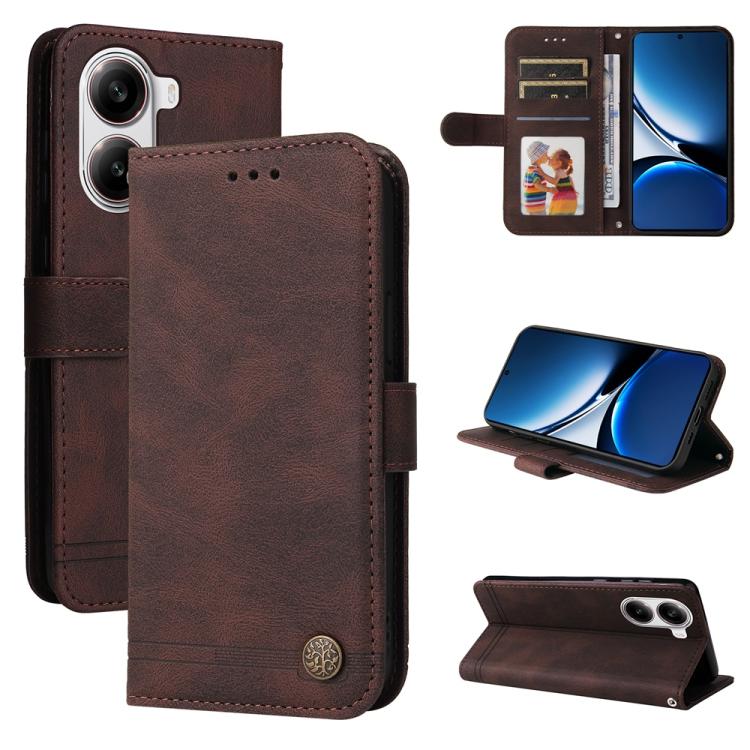 Skin Feel Life Tree Metal Button Leather Phone Case