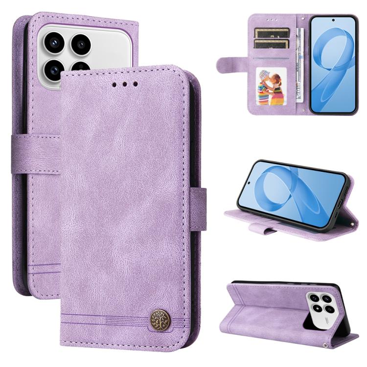 Skin Feel Life Tree Metal Button Leather Phone Case