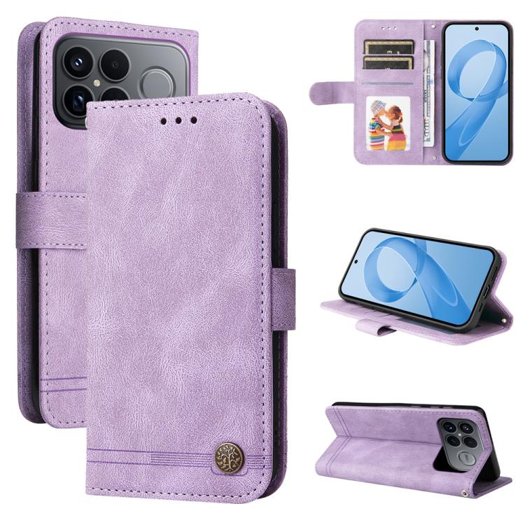 Skin Feel Life Tree Metal Button Leather Phone Case