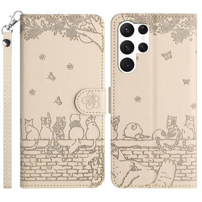 Cat Embossing Pattern Leather Phone Case with Lanyard, For Samsung Galaxy S25 FE 5G, For Samsung Galaxy S25 5G, For Samsung Galaxy S25+ 5G, For Samsung Galaxy S25 Ultra 5G, For Samsung Galaxy S24 FE 5G