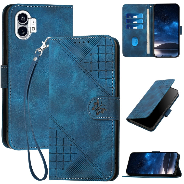 Grid Butterfly Embossed Pattern Leather Phone Case with Lanyard, For Nothing Phone 4a Pro, For Nothing Phone 4a, For Nothing Phone 3a, For Nothing Phone 3a Pro, For Nothing Phone 2a, For Nothing Phone 2, For Nothing Phone 1