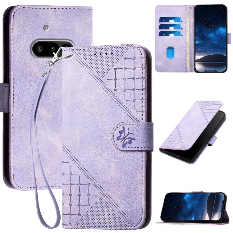 Grid Butterfly Embossed Pattern Leather Phone Case with Lanyard, For Nothing Phone 4a Pro, For Nothing Phone 4a, For Nothing Phone 3a, For Nothing Phone 3a Pro, For Nothing Phone 2a, For Nothing Phone 2, For Nothing Phone 1