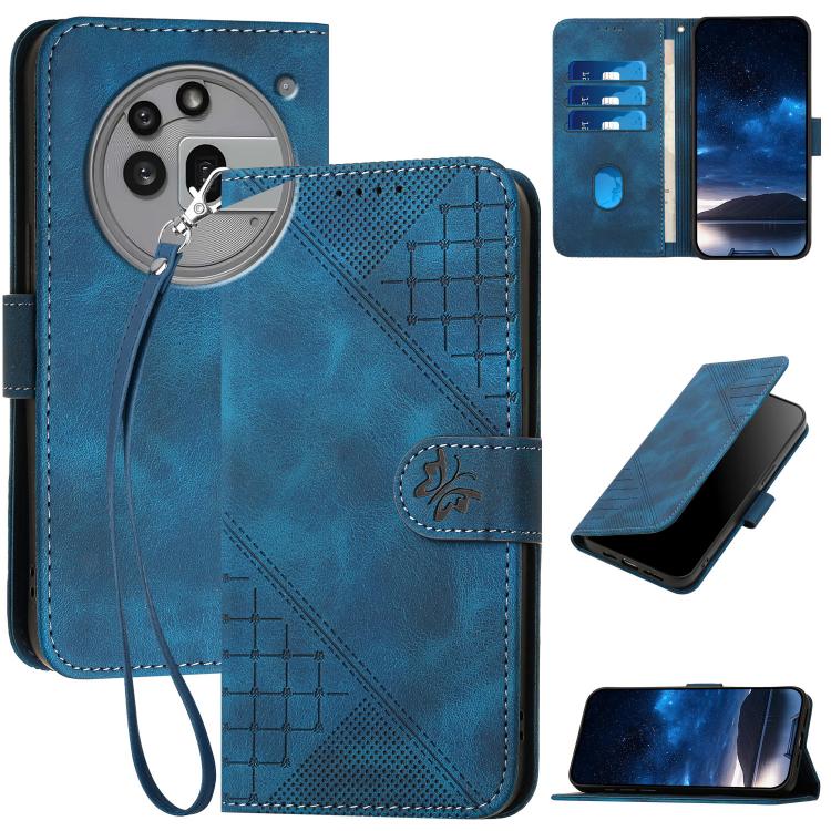 Grid Butterfly Embossed Pattern Leather Phone Case with Lanyard, For Nothing Phone 4a Pro, For Nothing Phone 4a, For Nothing Phone 3a, For Nothing Phone 3a Pro, For Nothing Phone 2a, For Nothing Phone 2, For Nothing Phone 1