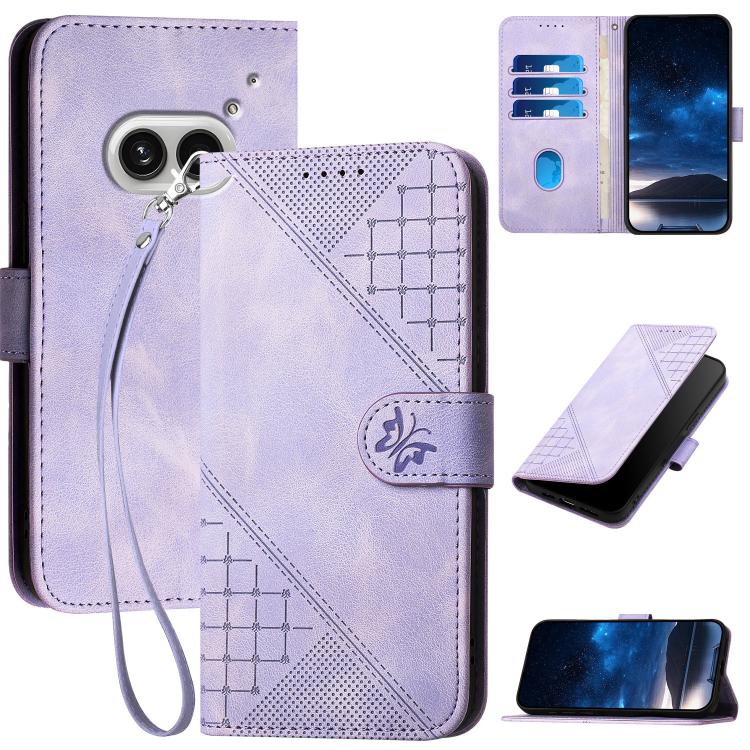 Grid Butterfly Embossed Pattern Leather Phone Case with Lanyard, For Nothing Phone 4a Pro, For Nothing Phone 4a, For Nothing Phone 3a, For Nothing Phone 3a Pro, For Nothing Phone 2a, For Nothing Phone 2, For Nothing Phone 1