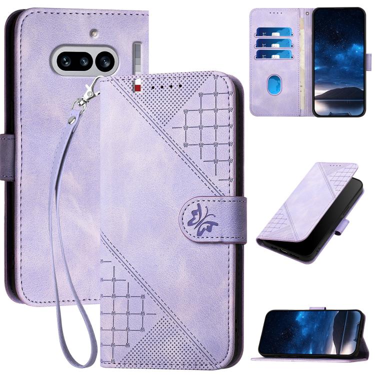 Grid Butterfly Embossed Pattern Leather Phone Case with Lanyard, For Nothing Phone 4a Pro, For Nothing Phone 4a, For Nothing Phone 3a, For Nothing Phone 3a Pro, For Nothing Phone 2a, For Nothing Phone 2, For Nothing Phone 1
