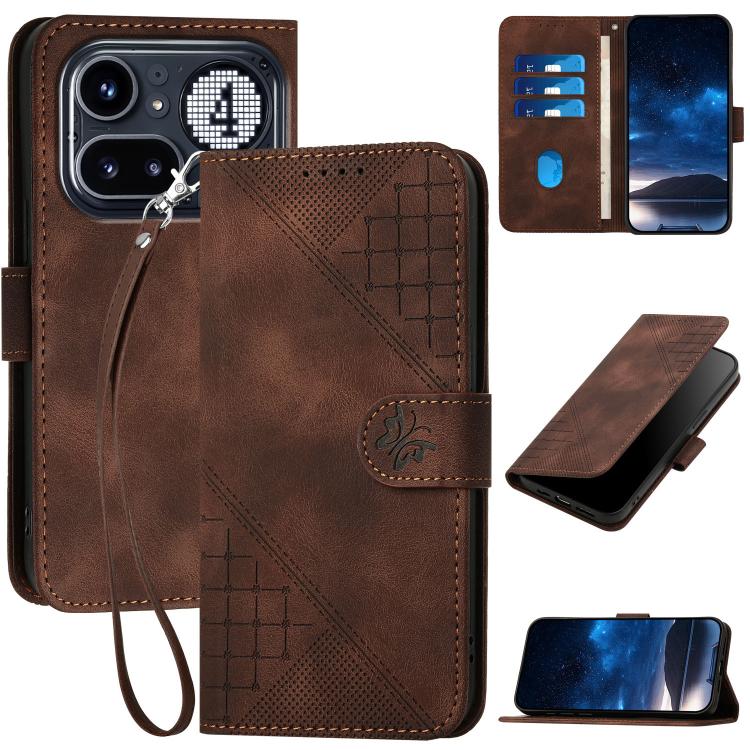 Grid Butterfly Embossed Pattern Leather Phone Case with Lanyard, For Nothing Phone 4a Pro, For Nothing Phone 4a, For Nothing Phone 3a, For Nothing Phone 3a Pro, For Nothing Phone 2a, For Nothing Phone 2, For Nothing Phone 1