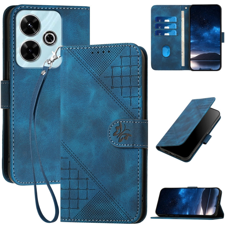 Grid Butterfly Embossed Pattern Leather Phone Case with Lanyard, For Redmi Note 14 5G, For Redmi Note 14 Pro+ 5G, For Redmi Note 14 Pro 5G, For Redmi 13, For Redmi Turbo 3, For Redmi Note 13R Pro / Poco X6 Neo, For Redmi A3, For Redmi Note 13 Pro 4G   ...