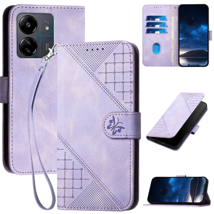 Grid Butterfly Embossed Pattern Leather Phone Case with Lanyard, For Redmi Note 14 5G, For Redmi Note 14 Pro+ 5G, For Redmi Note 14 Pro 5G, For Redmi 13, For Redmi Turbo 3, For Redmi Note 13R Pro / Poco X6 Neo, For Redmi A3, For Redmi Note 13 Pro 4G   ...