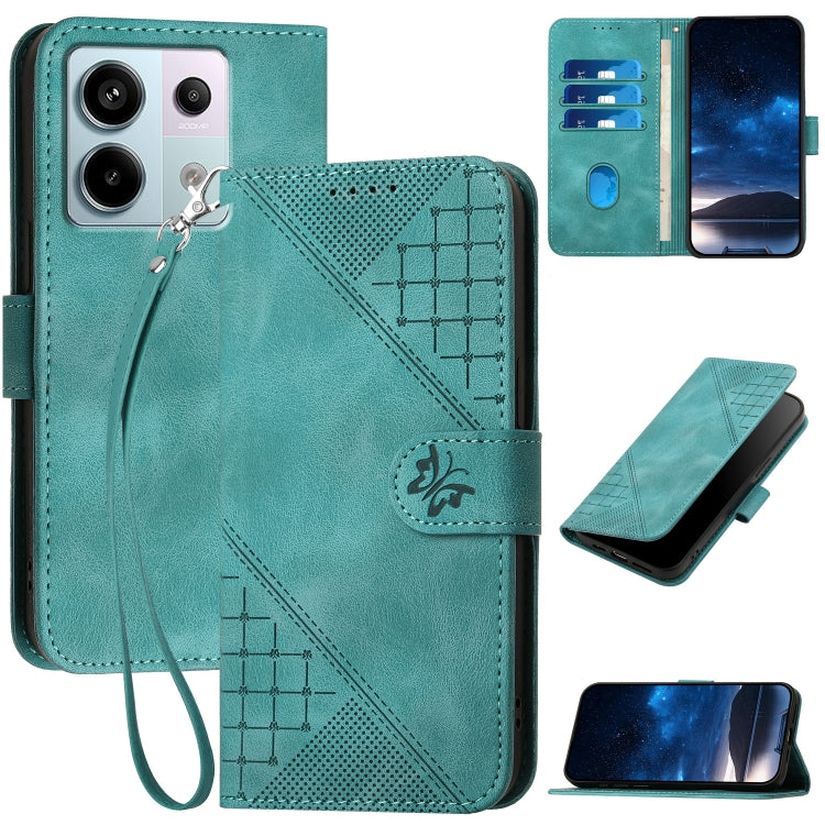 Grid Butterfly Embossed Pattern Leather Phone Case with Lanyard, For Redmi Note 14 5G, For Redmi Note 14 Pro+ 5G, For Redmi Note 14 Pro 5G, For Redmi 13, For Redmi Turbo 3, For Redmi Note 13R Pro / Poco X6 Neo, For Redmi A3, For Redmi Note 13 Pro 4G   ...