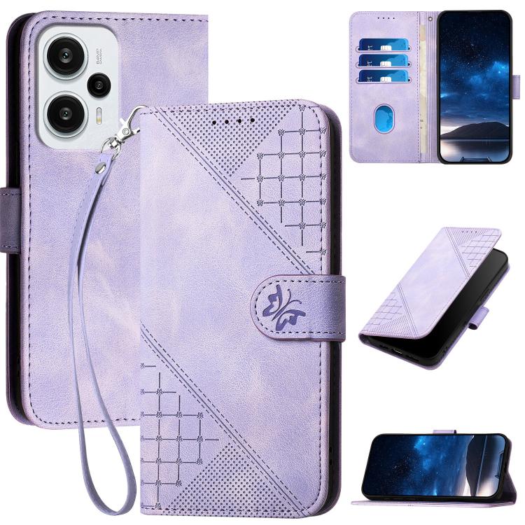 Grid Butterfly Embossed Pattern Leather Phone Case with Lanyard, For Redmi Note 12 Turbo / Xiaomi Poco F5, For Redmi Note 12s, For Redmi Note 12 Pro, For Redmi Note 12 4G, For Redmi Note 12 Pro+, For Redmi Note 12 5G, For Redmi A1+, For Redmi K50 Ultra...