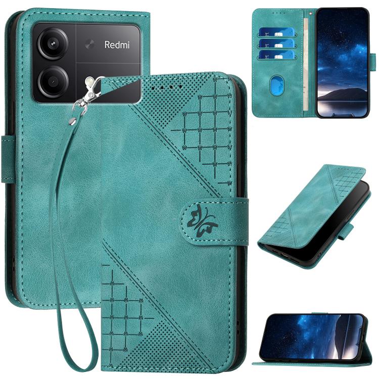 Grid Butterfly Embossed Pattern Leather Phone Case with Lanyard, For Redmi Note 14 5G, For Redmi Note 14 Pro+ 5G, For Redmi Note 14 Pro 5G, For Redmi 13, For Redmi Turbo 3, For Redmi Note 13R Pro / Poco X6 Neo, For Redmi A3, For Redmi Note 13 Pro 4G   ...