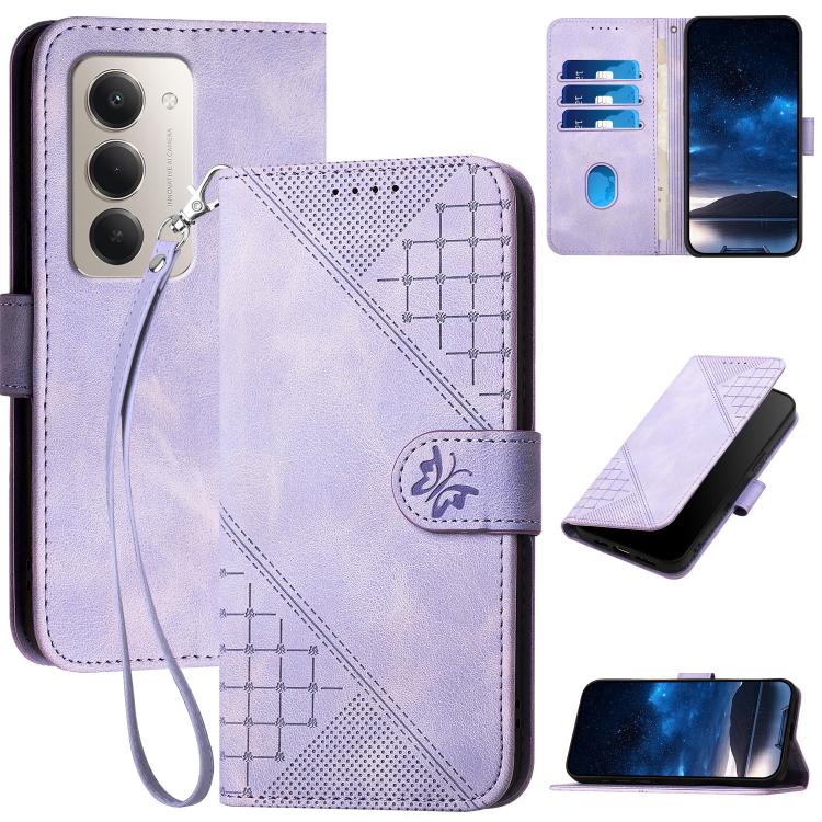 Grid Butterfly Embossed Pattern Leather Phone Case with Lanyard, For Redmi A7 Pro 171mm / Poco C85x 5G, For Redmi Turbo 5 Max / Poco X8 Pro Max, For Redmi Turbo 5 5G / Poco X8 Pro 5G, For Redmi Note 15 4G / 5G 164mm / Poco M8 5G                        ...