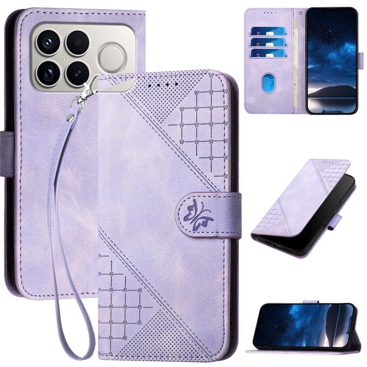 Grid Butterfly Embossed Pattern Leather Phone Case with Lanyard, For Redmi A7 Pro 171mm / Poco C85x 5G, For Redmi Turbo 5 Max / Poco X8 Pro Max, For Redmi Turbo 5 5G / Poco X8 Pro 5G, For Redmi Note 15 4G / 5G 164mm / Poco M8 5G                        ...
