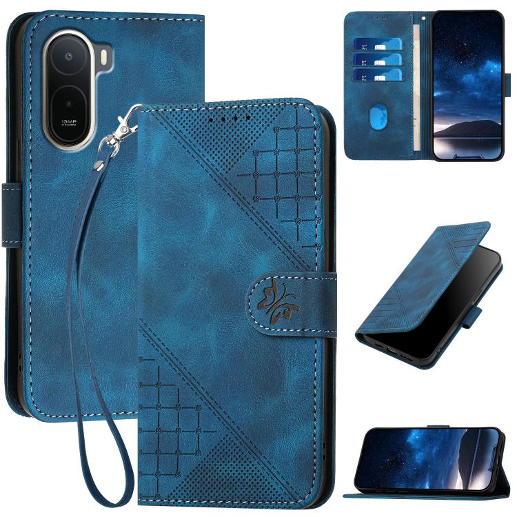 Grid Butterfly Embossed Pattern Leather Phone Case with Lanyard, For Redmi A7 Pro 171mm / Poco C85x 5G, For Redmi Turbo 5 Max / Poco X8 Pro Max, For Redmi Turbo 5 5G / Poco X8 Pro 5G, For Redmi Note 15 4G / 5G 164mm / Poco M8 5G                        ...