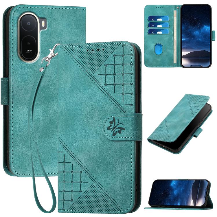 Grid Butterfly Embossed Pattern Leather Phone Case with Lanyard, For Redmi A7 Pro 171mm / Poco C85x 5G, For Redmi Turbo 5 Max / Poco X8 Pro Max, For Redmi Turbo 5 5G / Poco X8 Pro 5G, For Redmi Note 15 4G / 5G 164mm / Poco M8 5G                        ...