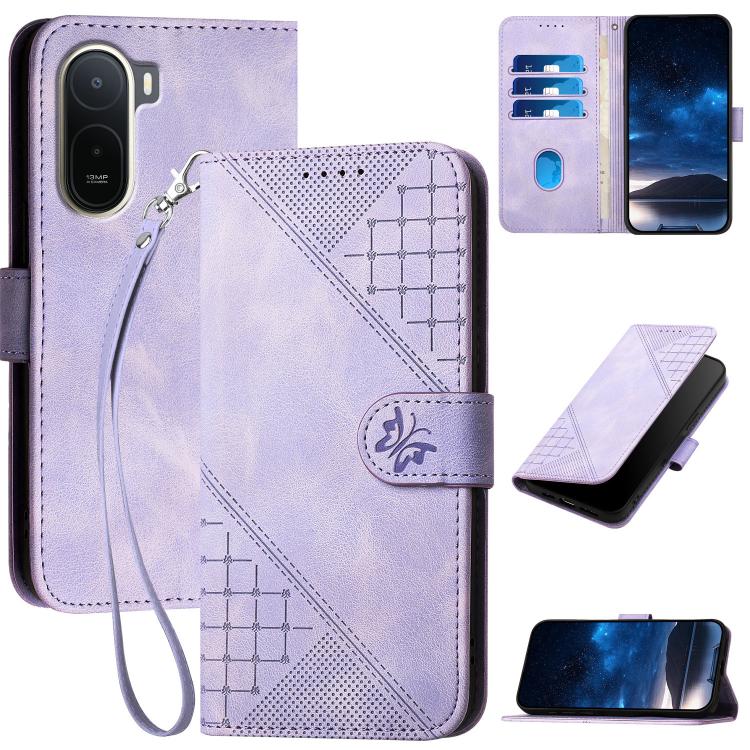 Grid Butterfly Embossed Pattern Leather Phone Case with Lanyard, For Redmi A7 Pro 171mm / Poco C85x 5G, For Redmi Turbo 5 Max / Poco X8 Pro Max, For Redmi Turbo 5 5G / Poco X8 Pro 5G, For Redmi Note 15 4G / 5G 164mm / Poco M8 5G                        ...