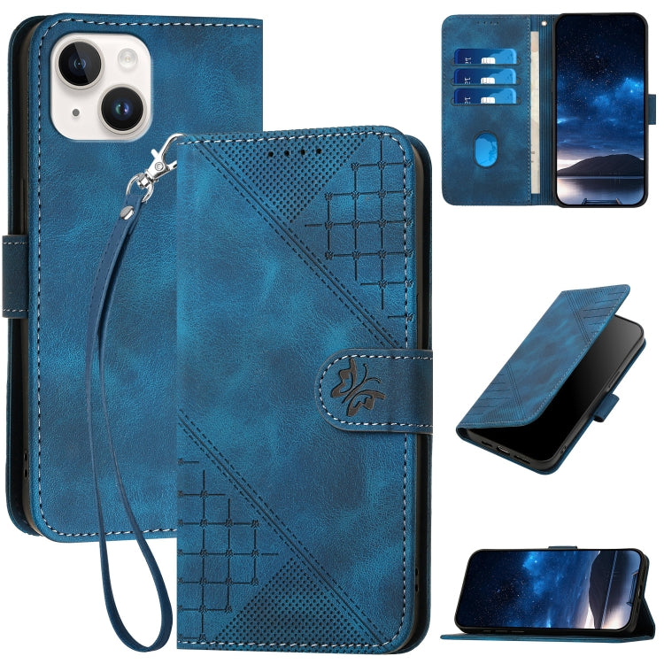 YX0080 Grid Butterfly Embossed Pattern Flip Leather Phone Case with Lanyard, For iPhone 14 Pro Max, For iPhone 7 / 8 / SE 2022, For iPhone 13 Pro Max, For iPhone 13 Pro, For iPhone 13, For iPhone 13 mini, For iPhone 12 / 12 Pro, For iPhone 12 Pro Max  ...