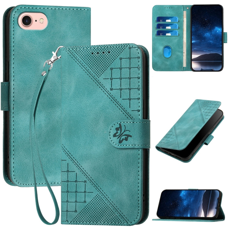 YX0080 Grid Butterfly Embossed Pattern Flip Leather Phone Case with Lanyard
