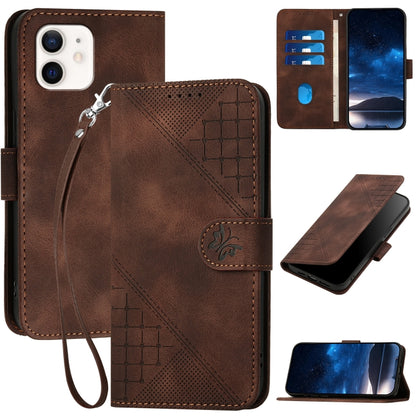 YX0080 Grid Butterfly Embossed Pattern Flip Leather Phone Case with Lanyard
