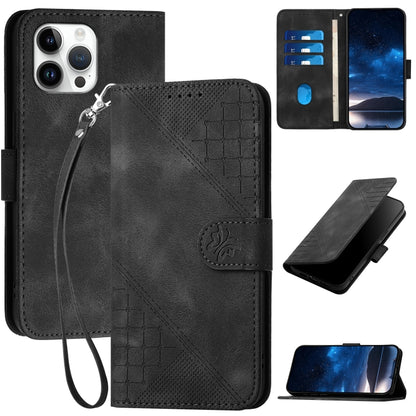 YX0080 Grid Butterfly Embossed Pattern Flip Leather Phone Case with Lanyard