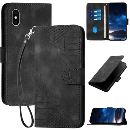 YX0080 Grid Butterfly Embossed Pattern Flip Leather Phone Case with Lanyard