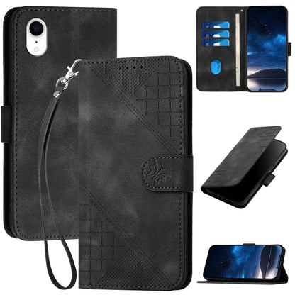 YX0080 Grid Butterfly Embossed Pattern Flip Leather Phone Case with Lanyard