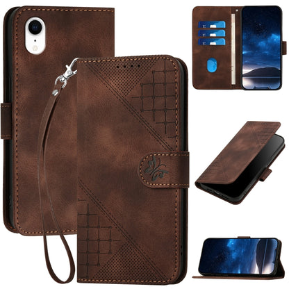 YX0080 Grid Butterfly Embossed Pattern Flip Leather Phone Case with Lanyard