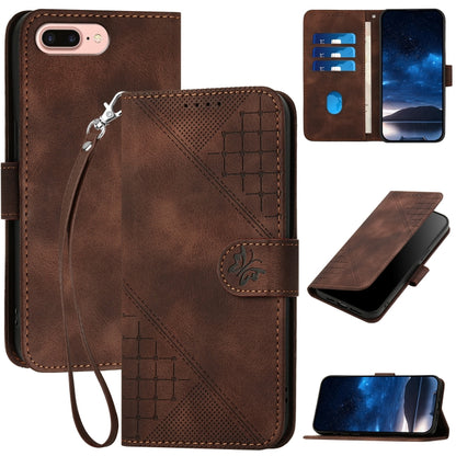 YX0080 Grid Butterfly Embossed Pattern Flip Leather Phone Case with Lanyard