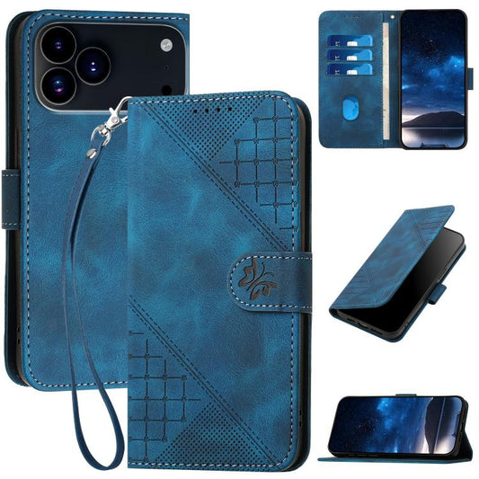 YX0080 Grid Butterfly Embossed Pattern Flip Leather Phone Case with Lanyard, For iPhone 18 Pro / 17 Pro, For iPhone 18 Pro Max / 17 Pro Max, For iPhone 17e / 16e, For iPhone 17, For iPhone Air, For iPhone 16 Pro Max, For iPhone 16 Pro, For iPhone 16 Pl...