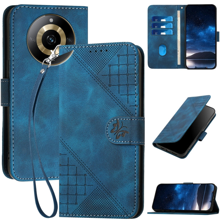 Grid Butterfly Embossed Pattern Leather Phone Case with Lanyard, For Realme 12 Pro 5G Global, For Realme 12 Pro+ 5G Global, For Realme GT5 Pro, For Realme 11 5G Global, For Realme C53 / Narzo N53, For Realme C65 4G, For Realme C55 4G Global            ...