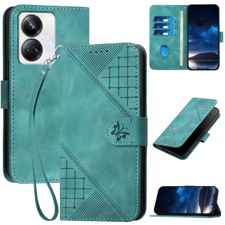 Grid Butterfly Embossed Pattern Leather Phone Case with Lanyard, For Realme 12 Pro 5G Global, For Realme 12 Pro+ 5G Global, For Realme GT5 Pro, For Realme 11 5G Global, For Realme C53 / Narzo N53, For Realme C65 4G, For Realme C55 4G Global            ...