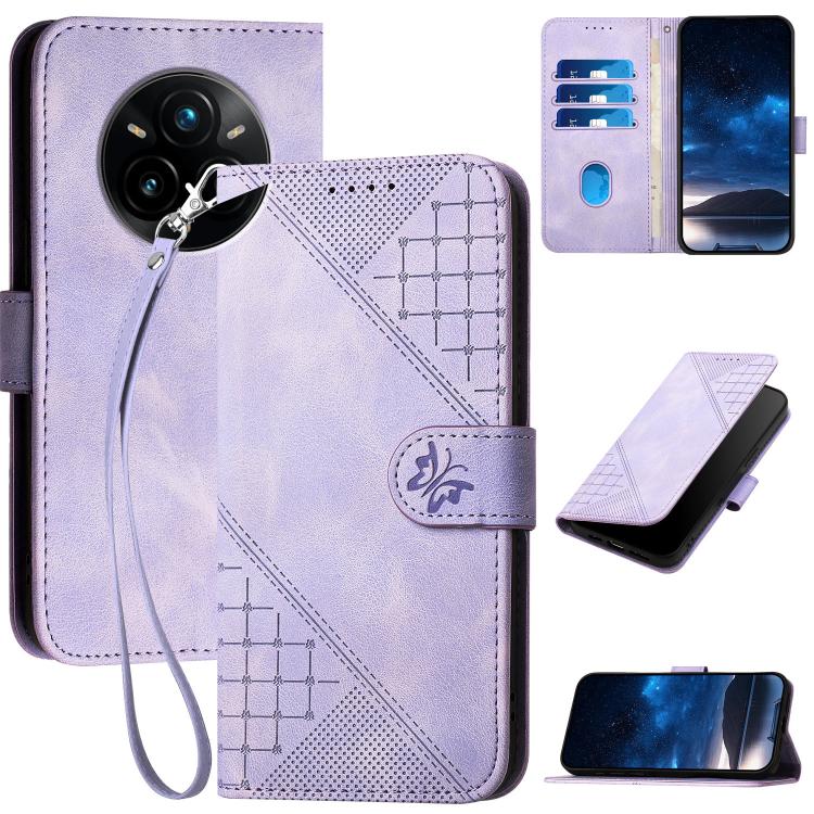 Grid Butterfly Embossed Pattern Leather Phone Case with Lanyard, For Realme P3 Ultra 5G, For Realme P3 Pro, For Realme 14 Pro+, For Realme 14 Pro, For Realme 14x Global, For Realme C75 Global, For Realme GT7 Pro, For Realme 13 Pro / 13 Pro+ Global     ...