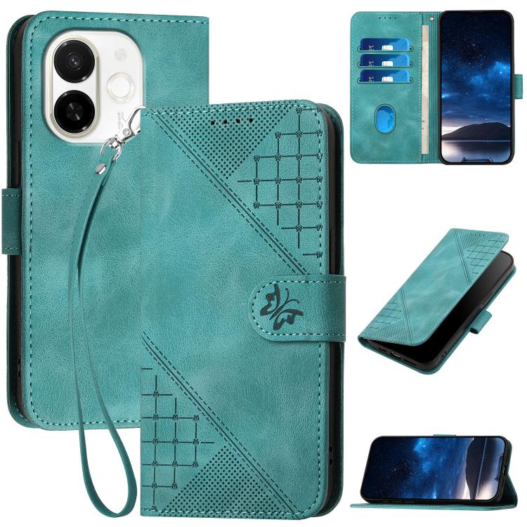 Grid Butterfly Embossed Pattern Leather Phone Case with Lanyard, For Tecno Pova Curve 2 5G, For Tecno Spark Go 3 / Pop 20 4G, For Tecno Spark 50 4G, For Tecno Camon 50 Pro 4G, For Tecno Camon 50 4G, For Tecno Spark Slim, For Tecno Spark 40 4G          ...