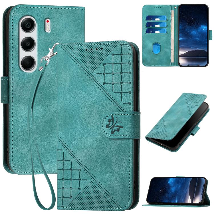Grid Butterfly Embossed Pattern Leather Phone Case with Lanyard, For Tecno Pova Curve 2 5G, For Tecno Spark Go 3 / Pop 20 4G, For Tecno Spark 50 4G, For Tecno Camon 50 Pro 4G, For Tecno Camon 50 4G, For Tecno Spark Slim, For Tecno Spark 40 4G          ...