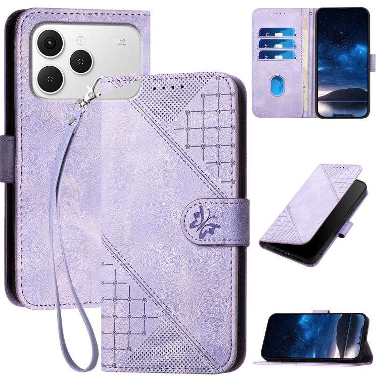 Grid Butterfly Embossed Pattern Leather Phone Case with Lanyard, For Tecno Pova Curve 2 5G, For Tecno Spark Go 3 / Pop 20 4G, For Tecno Spark 50 4G, For Tecno Camon 50 Pro 4G, For Tecno Camon 50 4G, For Tecno Spark Slim, For Tecno Spark 40 4G          ...