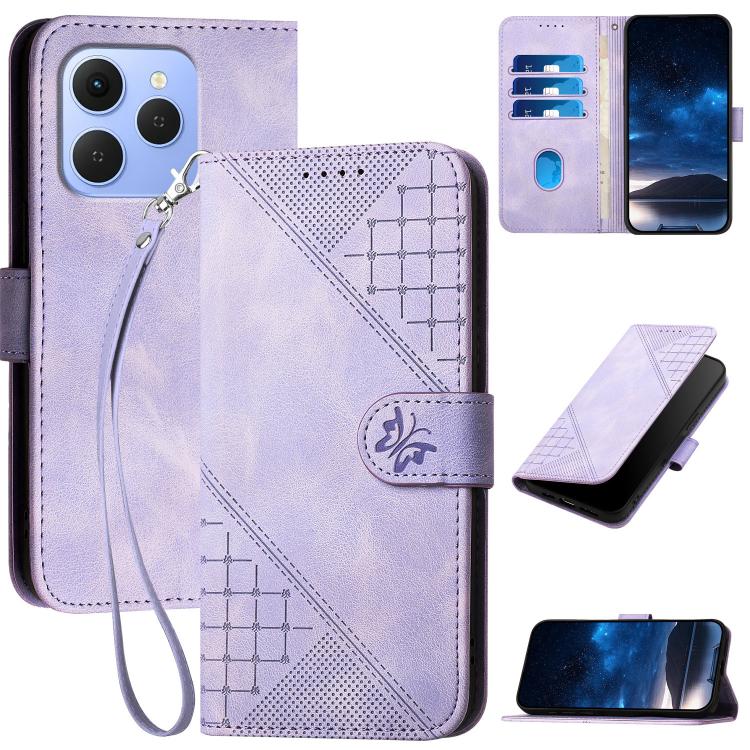 Grid Butterfly Embossed Pattern Leather Phone Case with Lanyard, For Tecno Pova Curve 2 5G, For Tecno Spark Go 3 / Pop 20 4G, For Tecno Spark 50 4G, For Tecno Camon 50 Pro 4G, For Tecno Camon 50 4G, For Tecno Spark Slim, For Tecno Spark 40 4G          ...