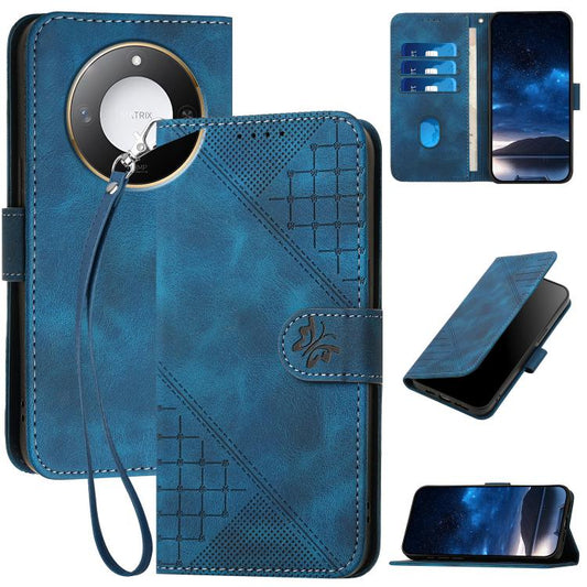 Grid Butterfly Embossed Pattern Leather Phone Case with Lanyard, For Honor X60 / X9c Smart, For Honor 300 Pro / Honor 300 Ultra, For Honor 300, For Honor X9c Global, For Honor Magic7 Pro, For Honor Magic7, For Honor 200 Global, For Honor 200 Pro 5G Glo...