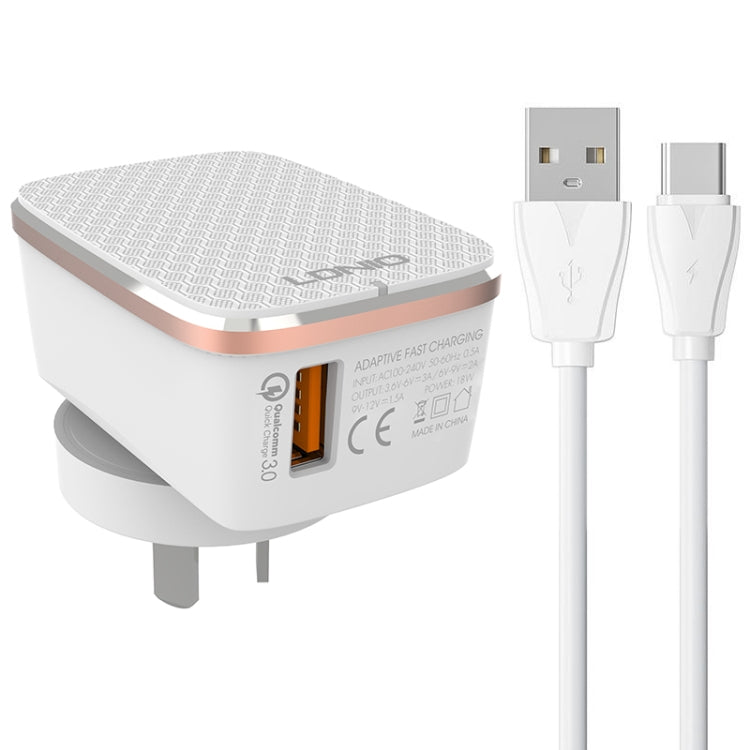 LDNIO A1204Q QC3.0 18W USB Fast Charger with 1m USB to USB-C / Type-C Cable, EU Plug, UK Plug, US Plug