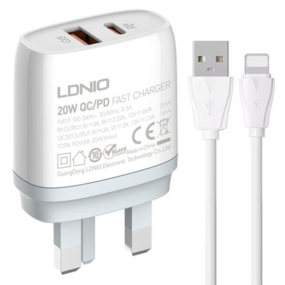LDNIO Q229 QC3.0 / PD20W USB + Type-C Fast Charger with 1m USB to 8 Pin Cable, EU Plug, UK Plug, US Plug