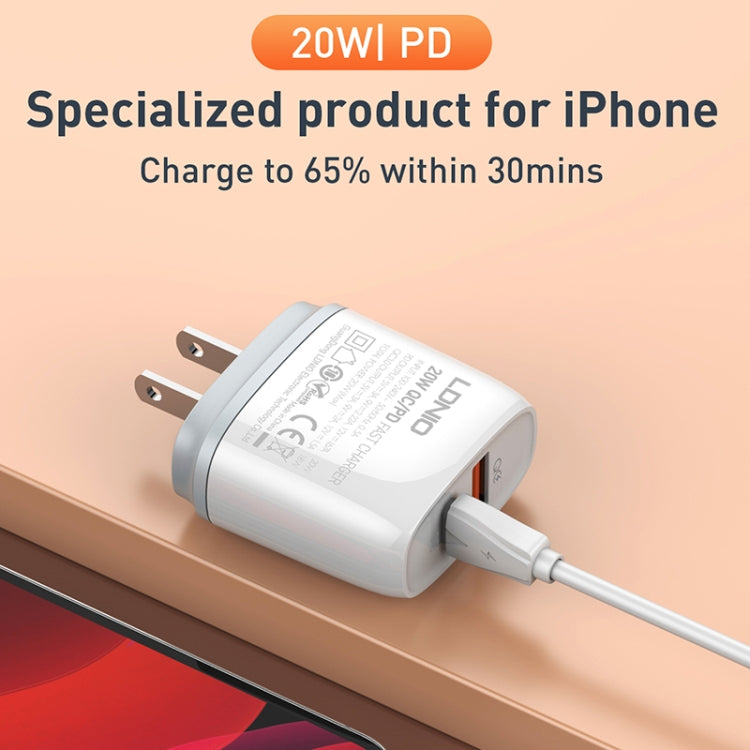 LDNIO Q229 QC3.0 / PD20W USB + Type-C Fast Charger with 1m USB to 8 Pin Cable, EU Plug, UK Plug, US Plug