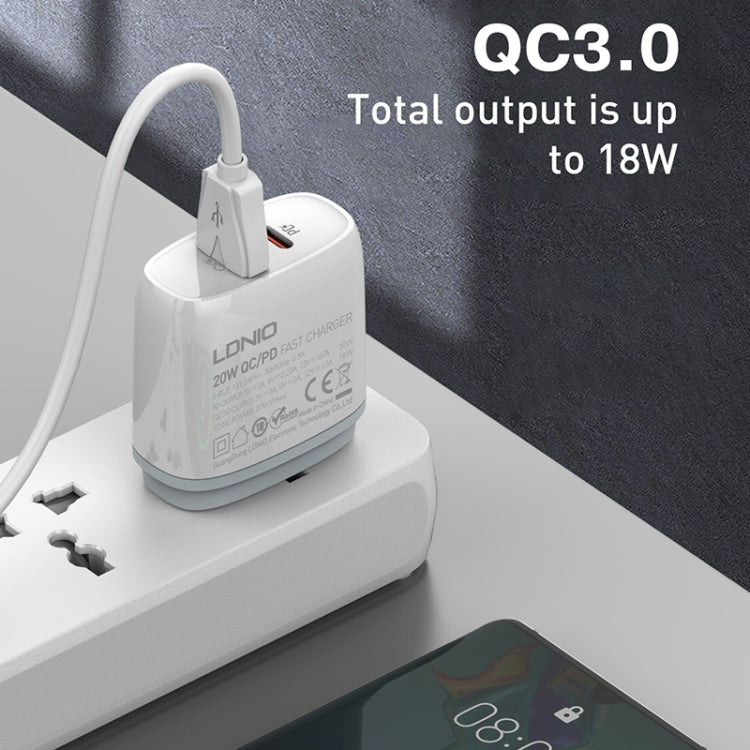 LDNIO Q229 QC3.0 / PD20W USB + Type-C Fast Charger with 1m USB to 8 Pin Cable, EU Plug, UK Plug, US Plug