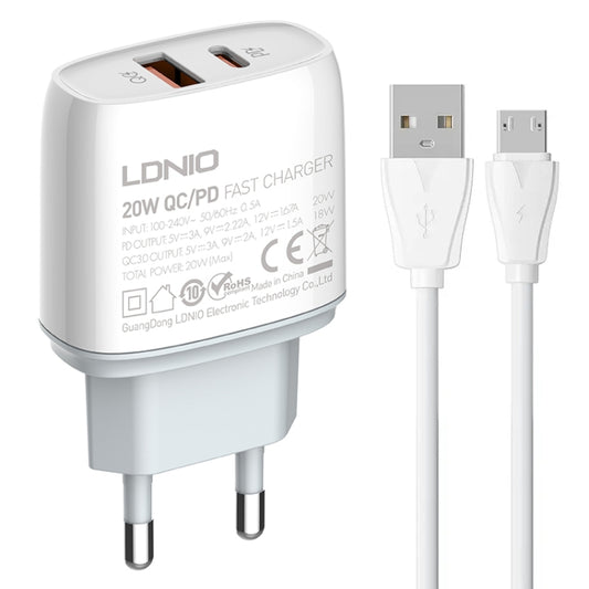 LDNIO Q229 QC3.0 / PD20W USB + Type-C Fast Charger with 1m USB to Micro USB Cable, EU Plug, UK Plug, US Plug