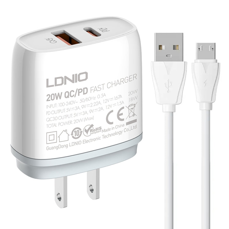 LDNIO Q229 QC3.0 / PD20W USB + Type-C Fast Charger with 1m USB to Micro USB Cable, EU Plug, UK Plug, US Plug