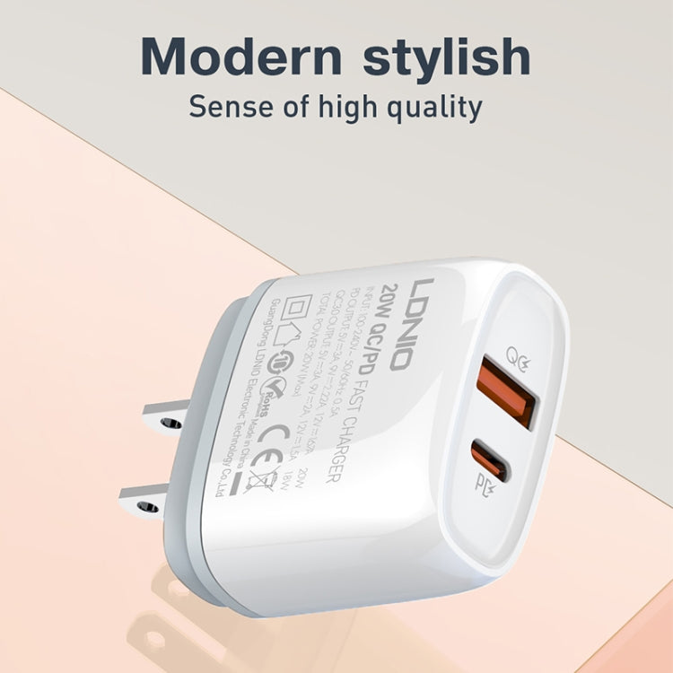 LDNIO Q229 QC3.0 / PD20W USB + Type-C Fast Charger with 1m Type-C to 8 Pin Cable, EU Plug, UK Plug, US Plug