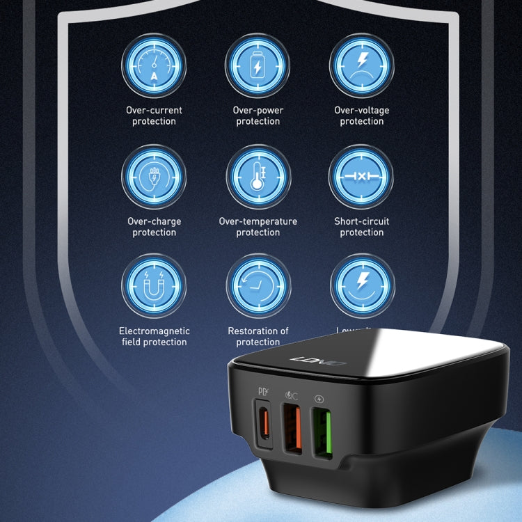 LDNIO Q334 32W Type-C + Dual USB Port Charger with 1m 8 Pin Data Cable, EU Plug, UK Plug, US Plug